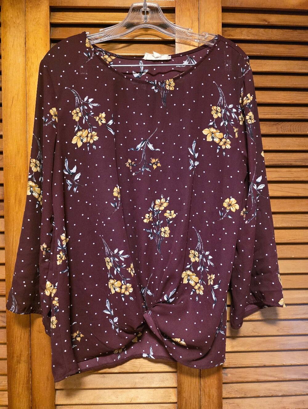 Pink Republic Twist Front Blouse XL Plum Burgundy Gold Floral Polka Dot Top